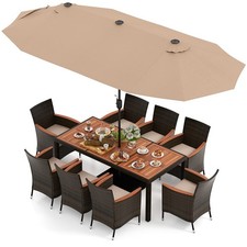 9 Piece Patio Wicker Dining Set w/ Double-Sided Patio Umbrella, Stackable Chairs