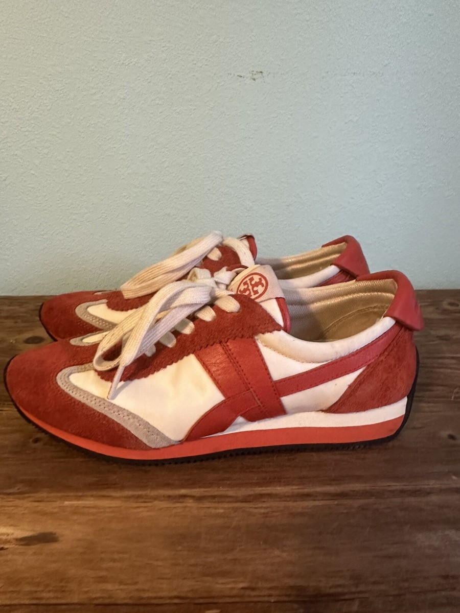 Tory Burch Hank Sneakers Tennis Shoes Ivory Burnt Orange Suede