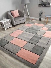 Modern Designer Squares Thick New Pink Light Grey Silver Floor Mats Runners Rugs