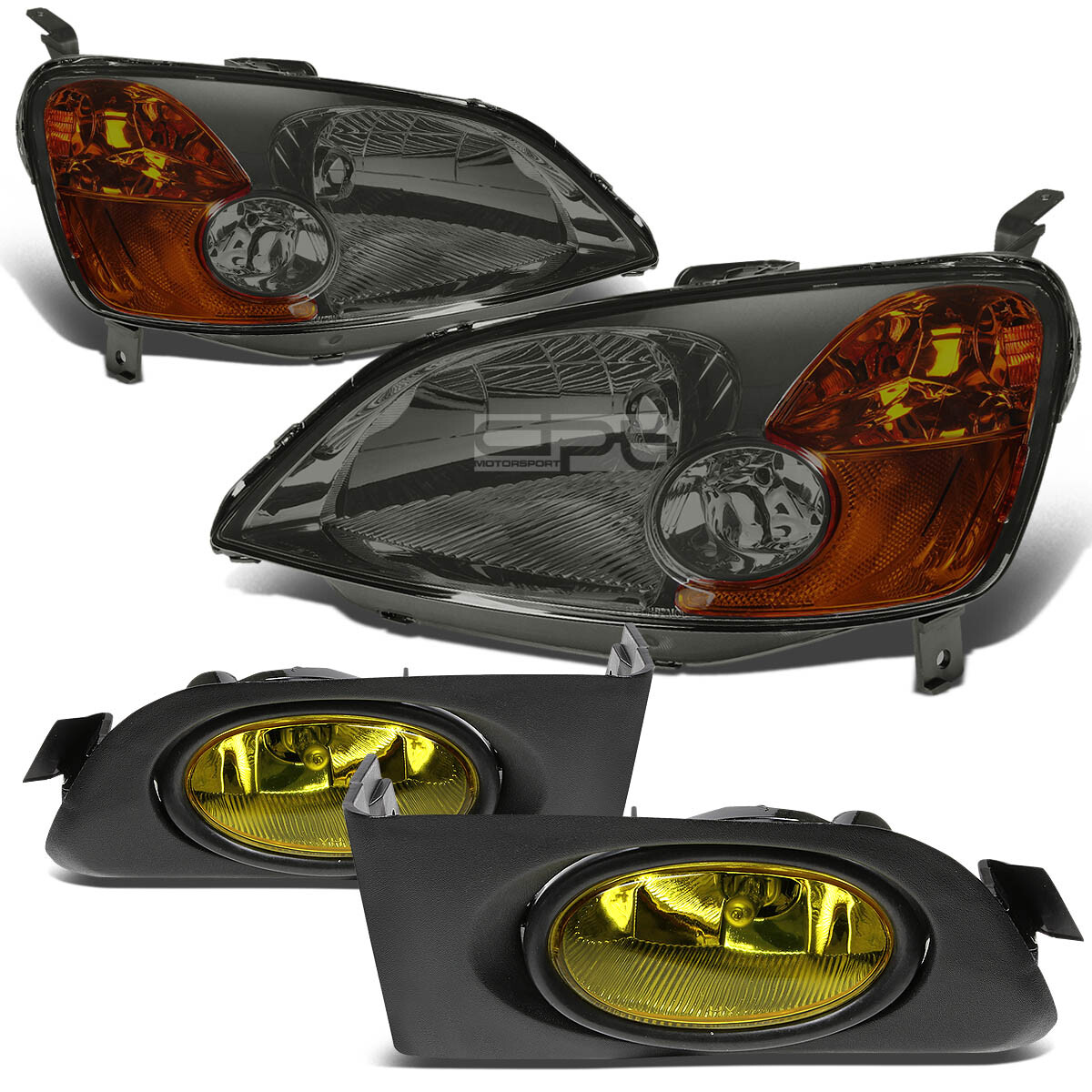 Smoked Housing Headlights Amber Signal Yellow Lens OE Fog Lamp For 01-03 Civic