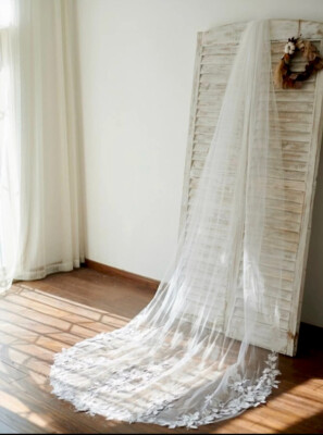 White or ivory 10ft/3M 3D flowers cathedral wedding veil  display picture 1