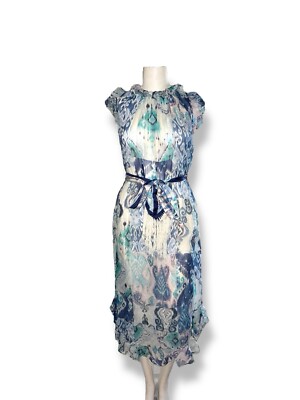 ZIMMERMANN Balance Sheer Maxi Dress Sleeveless w Ruffles, Scarf Tie Blue sz 0
