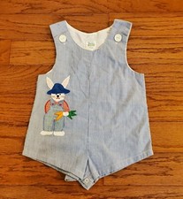 Vtg Nursery Rhyme baby boy blue Striped Romper Shortall Bunny 12 Months