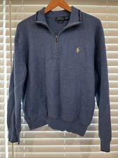 Polo Ralph Lauren Sweater Mens XXL (fits Like XL) Blue Knit Pima Cotton 1/4 Zip