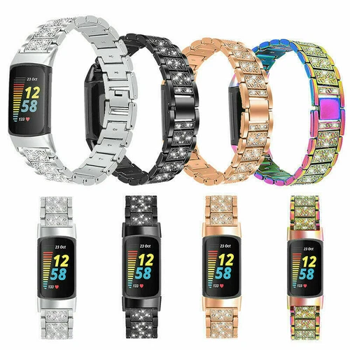 For Fitbit Charge 5 Bling Diamond Stainless Steel Watch Band Replacement Strap
