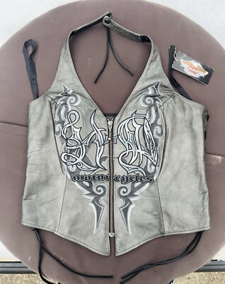 Vintage Harley Davidson Women’s Leather Crop Top Vest/Shadow  Crest/Halter/Medium