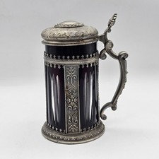 SKS Zinn Germany Pewter & Ruby Cut To Clear Glass 7" Lidded Stein