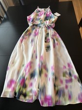 DKNY Sleeveless Printed Halter Neck Tie Waist Chiffon Midi Dress Size 10