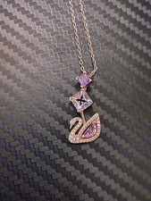 Rose Gold Swan Pendant Necklace with Purple Crystals, Oval Link Chain