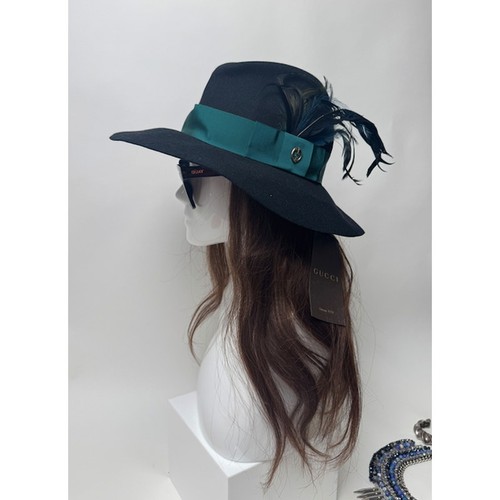 Gucci NWT Rabbit Felt Wide Brim Fedora Hat Feather Teal Grosgrain GG Italy S