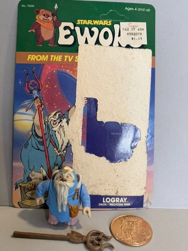 Vintage Kenner Star Wars Ewoks Cartoon Logray Medicine Man w/Coin Staff + Card