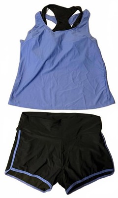 Women's Activewear Tank Top and Shorts Set - Size Large Purple and Black 3 Piece