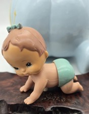 Vintage Tomy 1977 Wind Up Crawling Baby Teal Bow Diaper Working Condition
