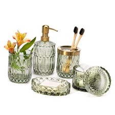 6PCS Bathroom Clear Glass Accessories Set Lotion Soap Dispenser, 6pcs Green