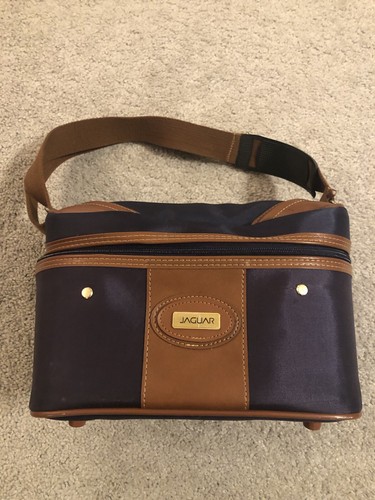 VTG Distress Jaguar Luggage Toiletry Train Case Navy Blue Brown Trim Travel Bag