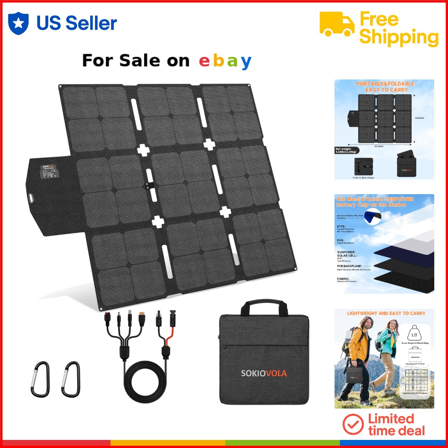 120W Foldable Solar Panel Portable Lightweight Camping RV Hiking Travel