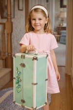 60s Vintage Doll Wardrobe Trunk Green Metal Hanging Rod Barbie Size Storage Case