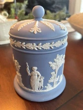 Wedgwood Blue Jasperware Lidded Jar Box Made In England  | Classical Tree Relief