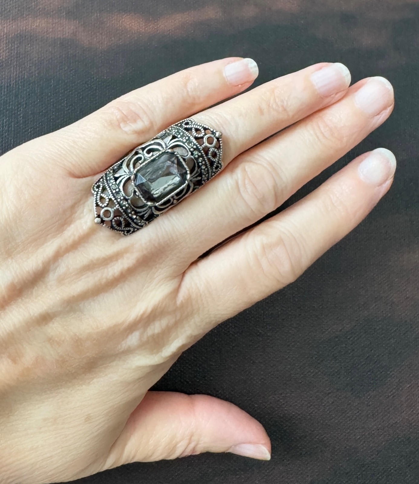 Gothic Crown Statement Ring Black Stone Gunmetal-… - image 8