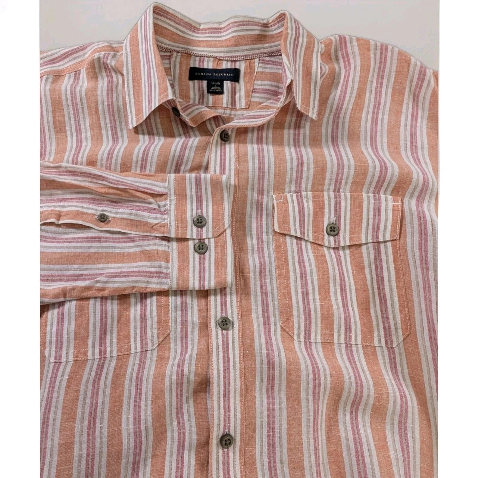 Banana Republic Shirt Mens L Orange Stripe Flax Linen Button Down Long Sleeve