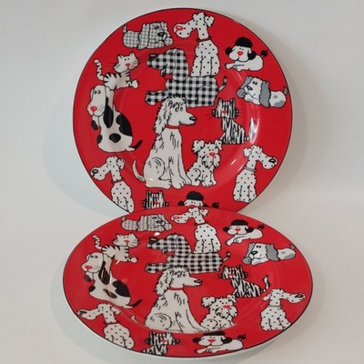 Living Quarters Whimsical Dogs Cats 8'' Porcelain Plates Red Black Set 2