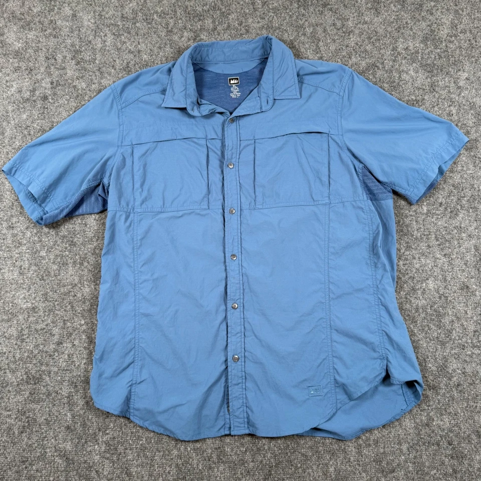 Camisa cooperativa REI XL azul nailon manga corta abotonada exterior bolsillo defecto para hombre Foto 2 de 4