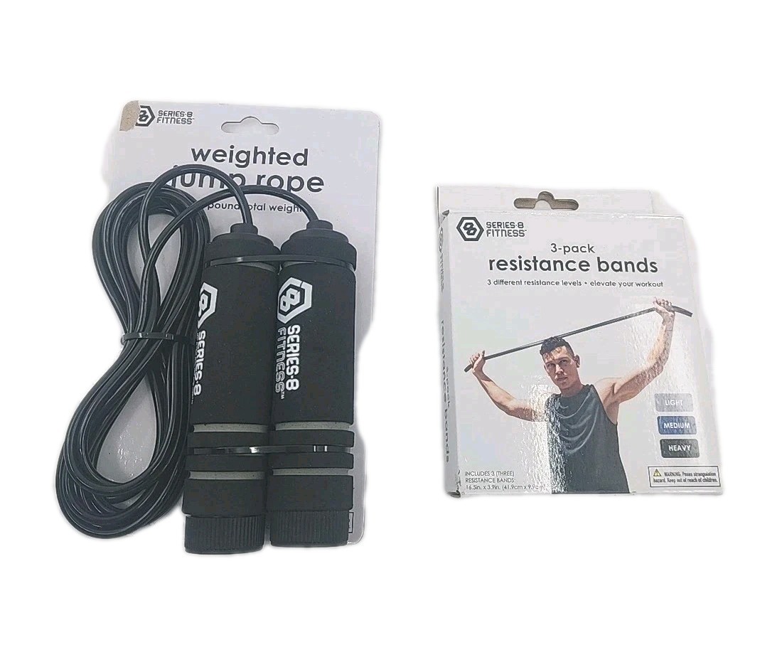 Series 8 Fitness 9 Ft Jump Rope Weighted 1/2 LB Plus 3 Fitness Resistance Bands 
