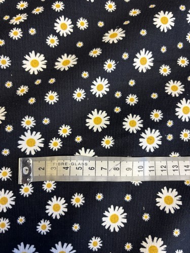 3 Metres Black Daisy Floral Printed 100% Cotton Needlecord Fabric. - Picture 5 of 6