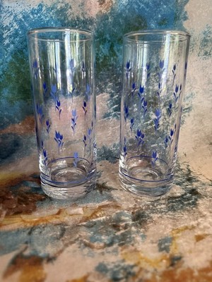 2 Vtg Cobalt Blue Tulip Flowers Shapes Tumblers Clear Tall Drinking Glasses