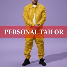 Men's 100 Genuine Soft Real Lambskin Leather TrackSuit Sweatsuit Yellow 