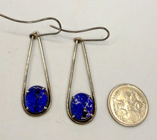 Sterling Silver 925 Boulder Opal Artisan Made Drop Earring Signed Bright Blue