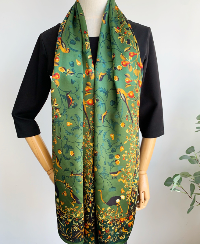 100% Silk Mulberry Scarf 170x53cm Green Bird Print Womens Wrap Neckerchief