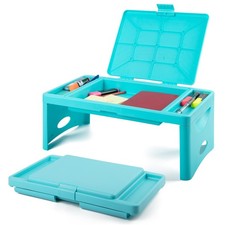 Foldable Lap Desk Kids Adults, Teal Blue Portable Plastic Table, Storage Pocket