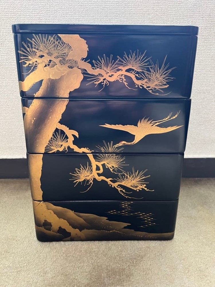 Jubako Bento Box Japanese Lacquer Wooden Makie Gold 4 Tiers Crane Turtle Pine An