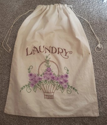 Vintage Handmade Laundry Bag Embroidered Flowers Floral Drawstring Soft Cotton