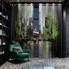 Green Blackout Curtains, Black and Sage Olive Abstract Green Art Grommet Wind...
