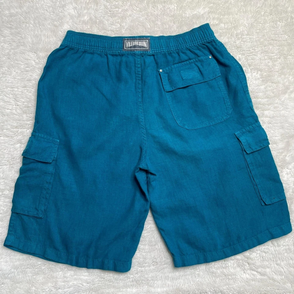 Bermudas para niño Vilebrequin azul pavo real 100 % lino bolsillos cargo talla 14 Foto 4 de 4