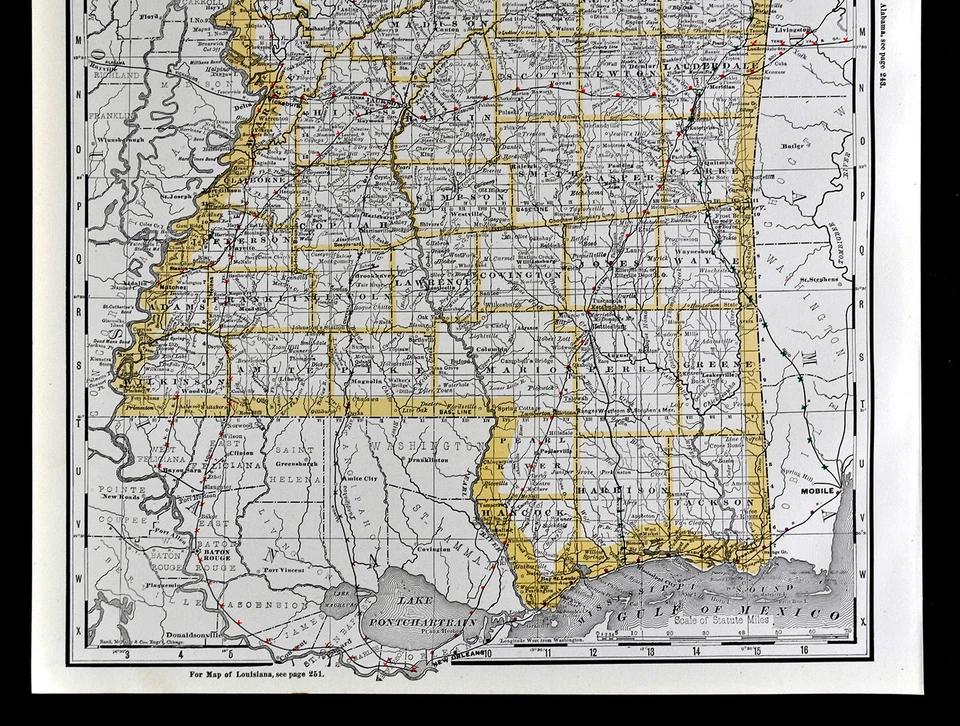 Mapa ferroviario Rand McNally 1892 Mississippi Jackson Biloxi Vicksburg Tupelo RR Foto 3 de 4