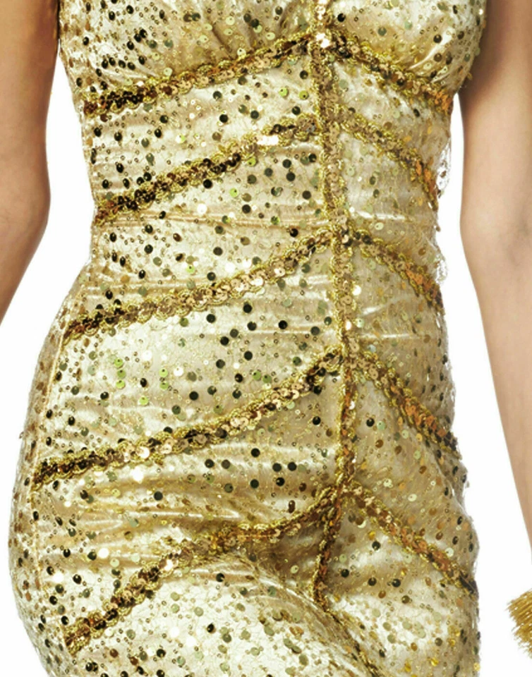 HERMOSO Disfraz Dorado Showgirl Aleta Lentejuelas Vestido Halloween Gatsby Años 20 12-14 Foto 2 de 3