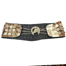 Vintage 60's Genuine Coins Western Horse Shoe Emblem Gaucho Leather Belt 36/37"