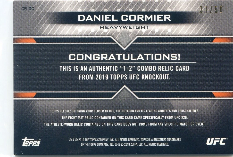 2019 UFC Knockout DANIEL CORMIER 1-2 Combo Used Dual Mat Shirt Relic BLUE #37/50 - Image 2 of 2