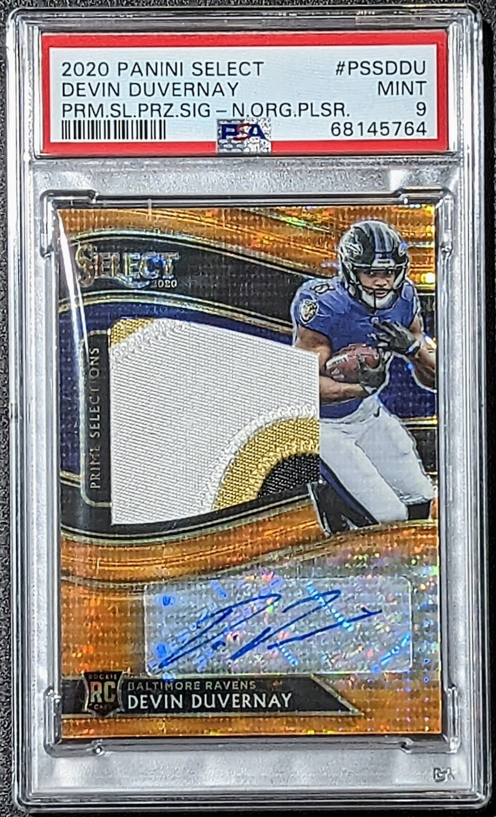 Devin Duvernay Panini Select Prime Selections Prizm Signatures #PSSDDU Neon Orange Pulsar