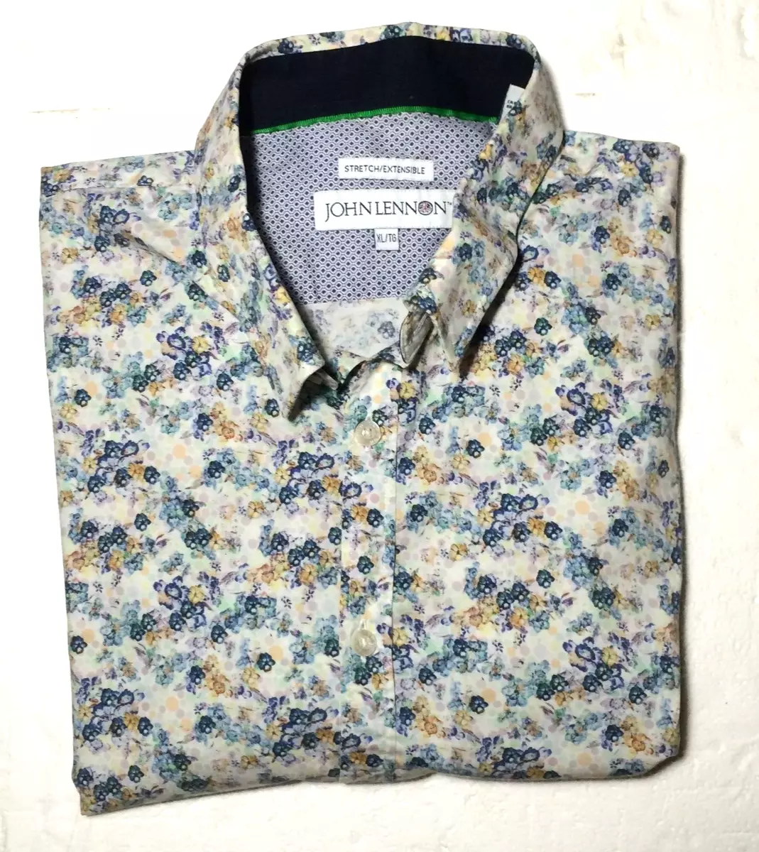 John Lennon Mens Button Front Shirt XL White Floral Pattern Stretch Long Sleeve