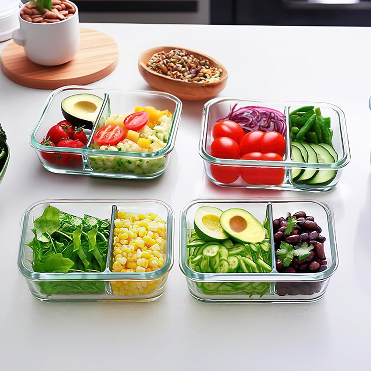 10 Pack, 30 oz. Glass Meal Prep Boxes 2 Compartments, Lid Airtight Bento Boxes