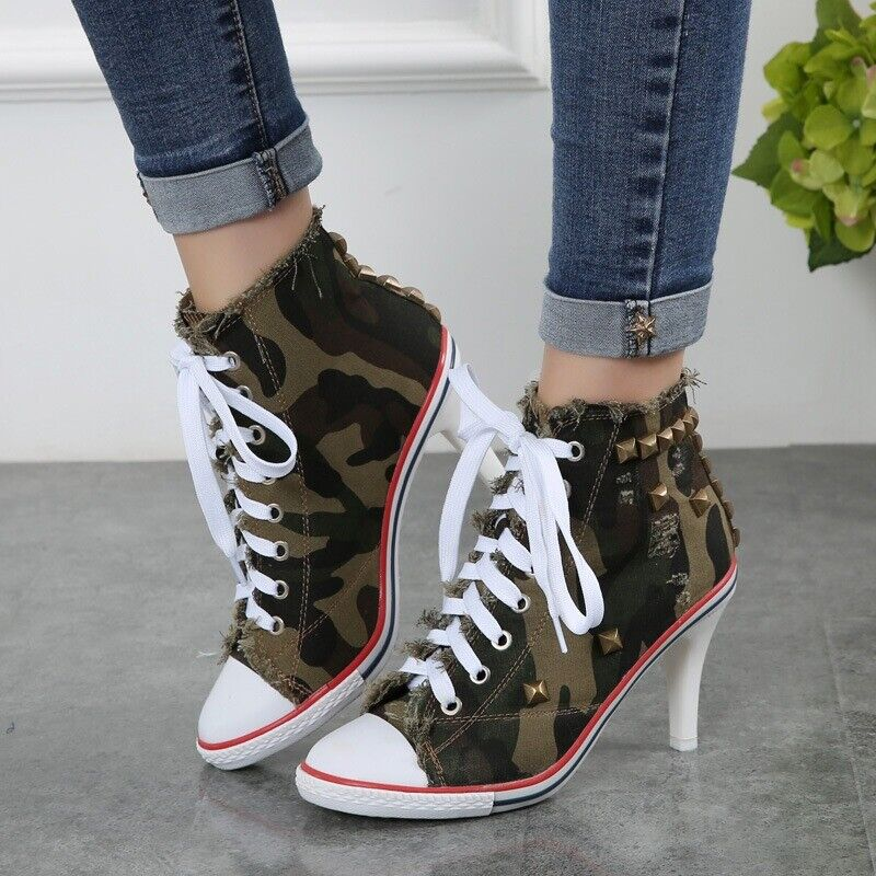 ⭐ High Top High Heel Women Sneakers Pumps Lace up Sport Shoes Canvas |