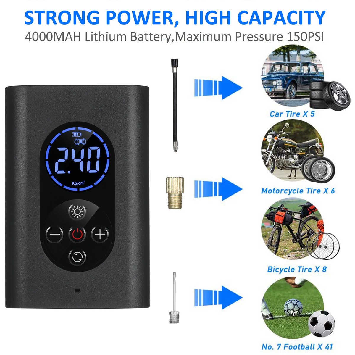 LIDEIE Portable Air Compressor - 150PSI Tire Inflator With Digital Gauge, Rechargeable, Fast Inflation For Car, Bike, Ball