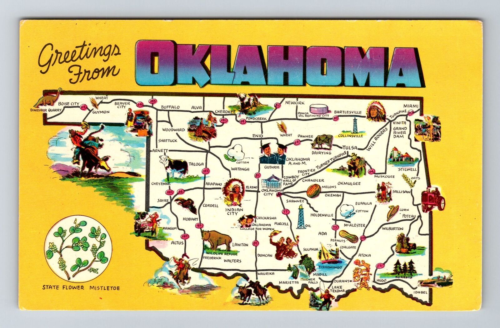 OK-Oklahoma, Scenic Greetings, Landmarks On Map, Vintage Postcard