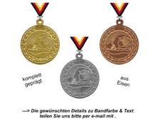 Schwimm-Medaillen (Staffelpreise) Set aufgeteilt in 3 Farben-mit Band & Text