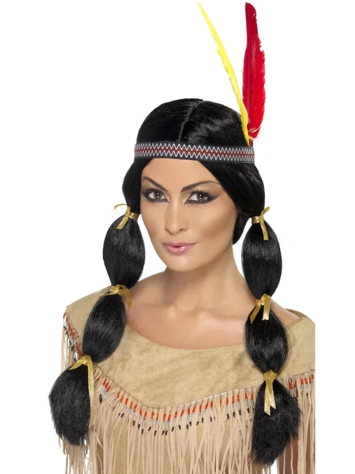 Pocahontas Indisch Perücke Schwarz Squaw Kostüm + Feder Stirnband Neu - Bild 1 von 1