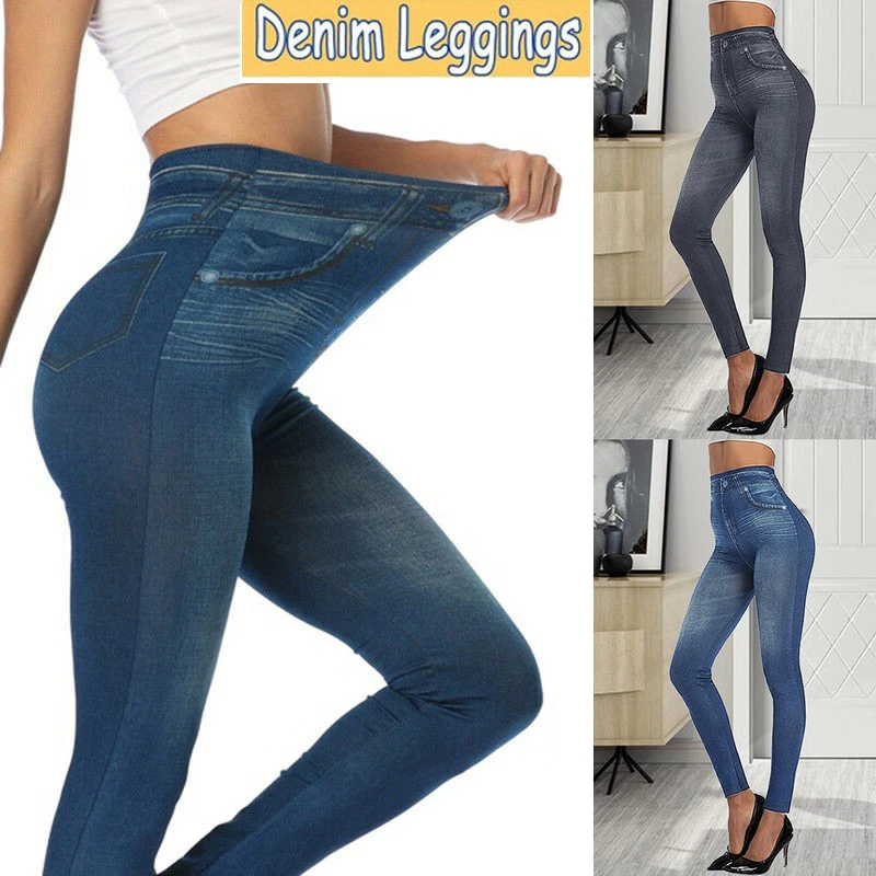 US Women Faux Denim Jeans Push Up Leggings High Waist Pencil Pants